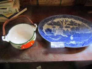 lot 332 image: platter Flo blue as chip and a hand painted handled bowl