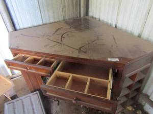 lot 348 image: corner desk 2 drawers 8 cubby holes on each corner, side 41 inches each, 32 inches H, 39.5 inches D