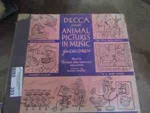 lot 353 image: animated pictures and music by Decca -wedding of the heand and the coo coo, in a bird store, the cat and the mouse, capering kittens, jumbos lullaby, and the little white donkey.