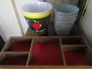 lot 355 image: two plastic  teacher buckets  &  4 small metal buckets and a wooden tray