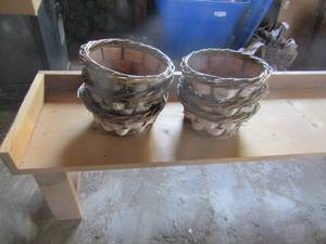 lot 356 image: wooden plant stand 47 inches long and wood wicker baskets qty 6