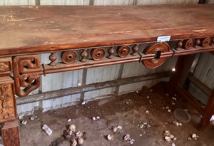 lot 320 image: EARLY 20TH CENTURY ASIAN ALTER TABLE ACCENTED W ICONIC  GOOD LUCK COIN  DECORATED APRON & TRADITIONAL CORNER SCROLLWORK 64 X 33 X 16 D