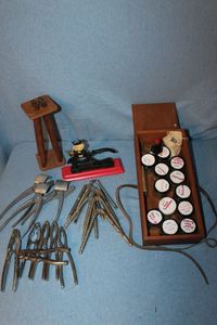 lot 166 image: Vintage Wooden Spice Box wLeather Tie, Spices Still in Bottle, also Several Various Nut Crackers