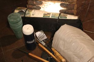 lot 19 image: Coleman 7ft x 7ft tent King-size Blow-up Mattress (pump installed), Plastic Coke Cups wLids, Coleman Insulated Water Bottle, Long Match Sticks and other Grilling utensils