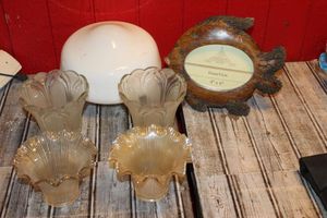 lot 32 image: Two Pair Light Sconces, Light cover and Wooden Fish Frame