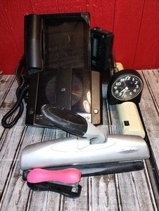 lot 114 image: Office lot including video telephone CD alarm clock and other office supplies
