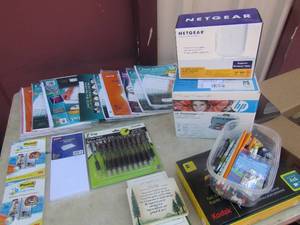 lot 42 image: clear label dividers, pack of pens, 10 envelopes, tub of pens and pencils and markers, hp photosmart compact photo printer, Netgear wireless print server and more ( helton)