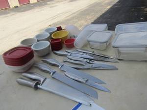 lot 57 image: Kitchen lot includes knife set with sharpener, tupper ware bowls with lids, sauce cups of various sizes