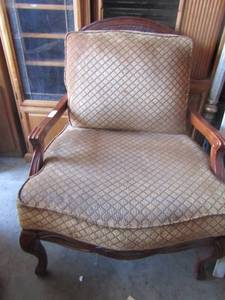 lot 66 image: Very large beautiful wicker style wooden chair with cushions, back cushion is removable bottom is not, great condition
