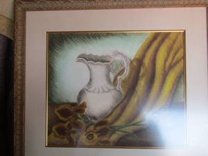lot 117 image: 3331 Mary Praxton framed art of handled tea pot and flowers