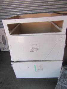 lot 127 image: 352424 white cabinet with 2 drawers, needs minor repairs to sliding parts of drawer