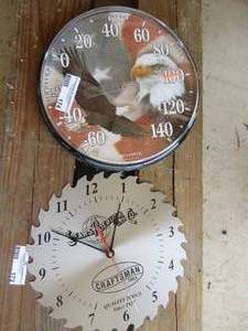 lot 174 image: Craftsman saw blade clock takes batteries-- Eagle wall temp gauge  (ST)