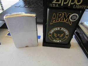 lot 179 image: U.S ARMY ZIPPO LIGHTER   & SILVER ZIPPO LIGHTERr--  2 tin cases Sweets -- 1 case of LA Corona Whiffs (ST)    & DANNEMANN  X $$