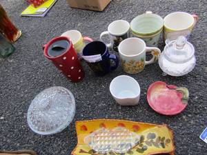 lot 203 image: Kitchen lot includes coffee cups- sugar dish- covered candy dish and more