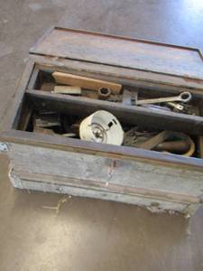 lot 49 image: wooden tool box with misc.. Tools