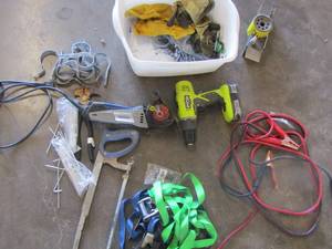 lot 149 image: ryobi drill, dremel saw-max, hand saw, tension bands, jumper cables straps and more