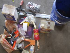lot 160 image: painters lot includes painters bucket, paint rollers, 547 unipro, level, premium stripper, polystain and more