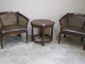 lot 2 image: WOODEN SIDE TABLE 21X26X26 AND 2 PADDED CHAIRS WITH WICKER BACKS IN GOOD CONDITION