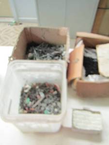 lot 54 image: 2 BOXES OF VARIOUS SIZE SCREWS, TUB OF NAILS ROOFING NAILS, AND SCREWS