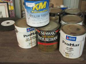 lot 69 image: VARIOUS USED CANS OF PAINT INCLUDES PROMAR SATIN, MINWAT CLEAR SATIN AND MORE