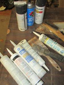 lot 80 image: CANS OF SPRAY PAINT-  SILICONE CAULK- PUTTY KNIFES- SCRAPPERS AND MORE