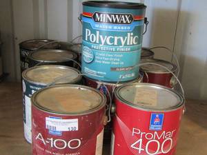 lot 130 image: 11 buckets of new and used paints includes  ,    minwax protective finish, Minwax clear satin, Valspar satin and more