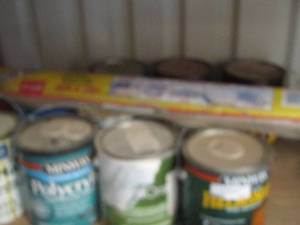 lot 131 image: 10 buckets of new and used paints includes clear stain, protective finish , lacquer sealer, and more, 10 ft. x 25 ft. plastic sheeting