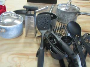lot 160 image: professional quality members mark pans some have lids, cheese shredder, various kitchen utensils