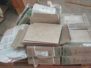 lot 245 image: 8 NEW BOXES OF BAJA BEIGE, CERAMIC TILE, USED BAGS OF GROUT AND ONE BOX OF NON-SANDED, GROUT POLY BLEND