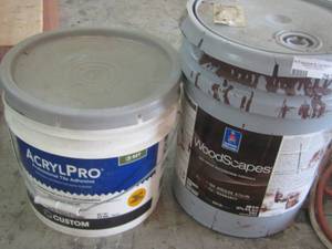 lot 262 image: acrylic pro tile adhesive bucket appears to be new, Sherman williams word scrapes haustein a solid brown color