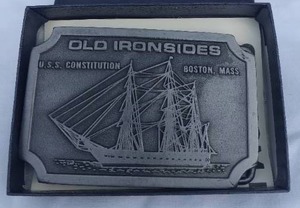 lot 17 image: U.S.S. Constitution Old Ironsides Pewter Belt Buckle in Original Box---Never Used