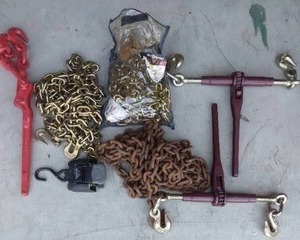 lot 30 image: Lot of Tow Chains, Binders and Cable Latch---Nice Condition, See Pics