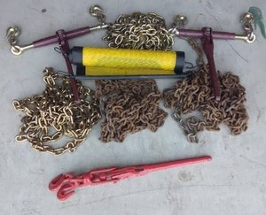 lot 31 image: Lot of Tow Chains, Binders and Oversize Load Banner----See Pics