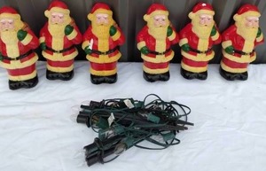 lot 84 image: Set of 6 Vintage Blow Mold Santa Christmas Decor with Lights
