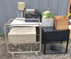 lot 93 image: Huge Lot of Random Items--Everything you see in the pics--Including a vintage hospital bassinet and roll around filing cabinet
