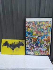 lot 114 image: Selection of DC Wall Decor--Bat Signal and Superhero Framed Puzzle (37x25)