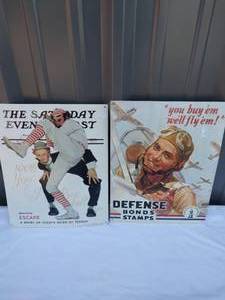 lot 130 image: Selection of 2 Vintage Looking Metal Signs--Saturday Evening Post and Bond Stamps  16x13