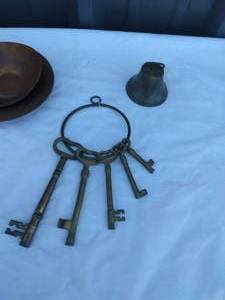 lot 141 image: Collection of Brass Items including a Skeleton Key Set, Bell and Serving Dishes