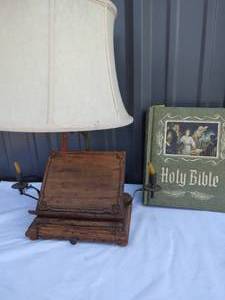 lot 151 image: Vintage Book Holder Desk Lamp with Master Reference Edition Holy Bible and Lords Prayer Book Mark