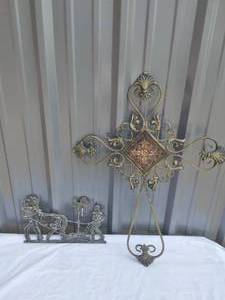 lot 157 image: Metal Wall Decor Cross and Farmer---Cross is 34x26