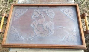 lot 166 image: Antique Hand Carved Wooden Serving Tray with Glass Inlay and Felt Bottom---Very Nice Item