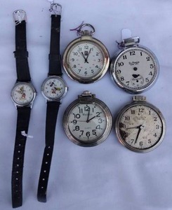 lot 177 image: Mickey and Minnie Mouse Wrist Watches along with 4 Pocket Watches---None are working
