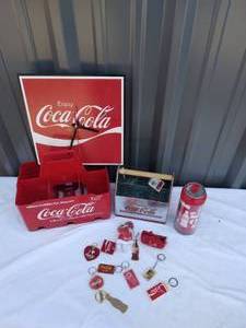 lot 178 image: Coca Cola Bundle including Clock, Plastic Bottle Holder, Utensil Holder, Drinking Cup and Keychains