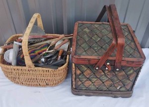 lot 206 image: Selection of 2 Baskets---One is full of vintage kitchen items and utensils