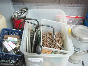 lot 37 image: BOX OF MISC. NAILS, SCREWS, CUT TACKS, BOLTS AND MORE