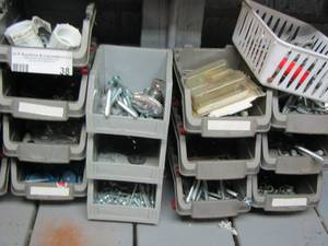 lot 38 image: 17 SCREW ORGANIZERS WITH VARIOUS SCREWS, BOLTS, 34 IRRIGATION FEMALE SWIVEL ADAPTER, NAILS AND MORE