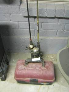 lot 54 image: FLAMBEAU TACKLE BOX WITH TACKLE INSIDE, 2 FISHING RODS