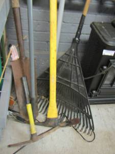 lot 56 image: GARDEN TOOLS, POST HOLE DIGGER, SHOVEL, AXES, RACKS