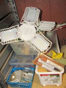 lot 72 image: OUTDOOR LIGHTS, SHELF PINS, RULERS, PAINTS ROLLERS, AND MORE