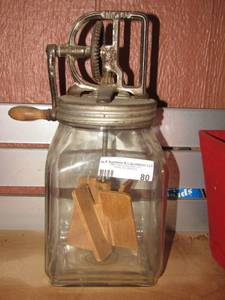 lot 80 image: VINTAGE DAZEY  BUTTER CHURN - METAL GLASS WOOD PADDLES